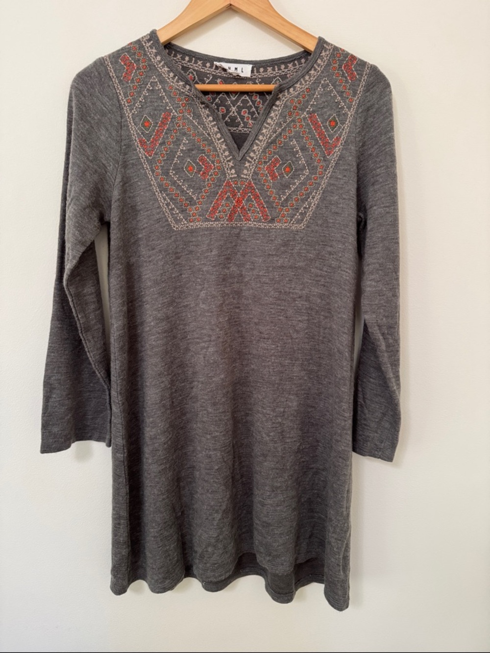 THML Gray Tunic with Rust and Cream Embroidered Yoke